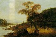 Landscape along a river with horsemen, possibly the Rhine.